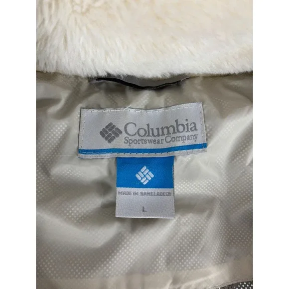 Columbia White‎ Autumn Park Down Jacket Large Omni-Heat Mink-Fleece Collar $130